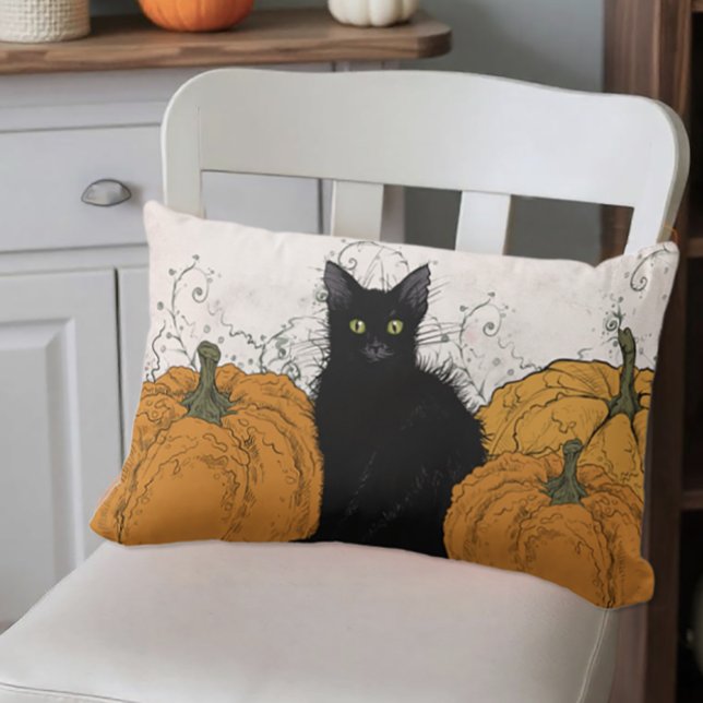 Black Cat and Pumpkins Fall Lumbar Cushion (Black cat and pumpkins throw pillow)