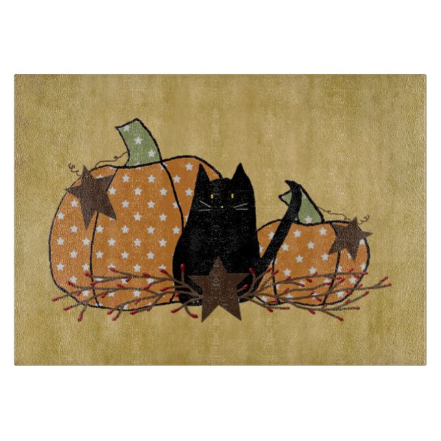 Black Cat And Pumpkins Glass Cutting Board (Front)