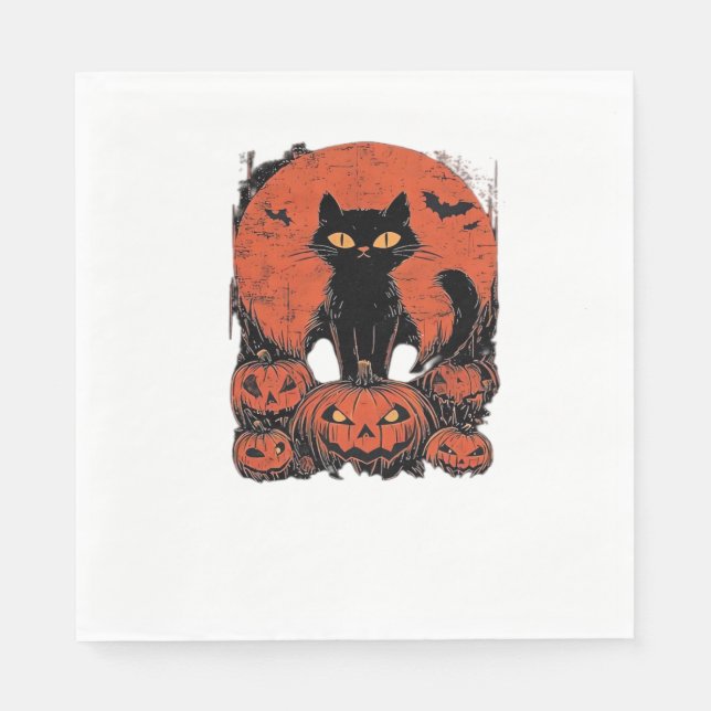 Black Cat and Pumpkins – Halloween T-Shirt Art Cla Napkin (Front)