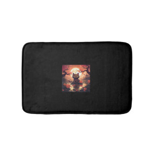 Black Cat and Pumpkins with Sakura Great Wave Bath Mat