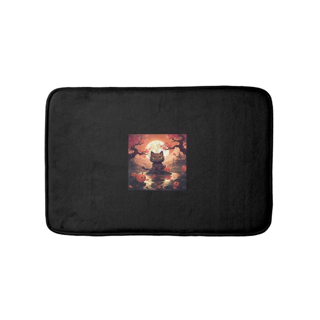 Black Cat and Pumpkins with Sakura Great Wave  Bath Mat (Front)