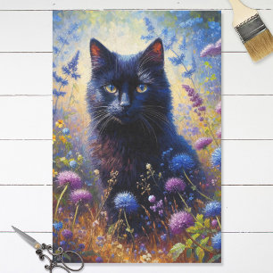 Black Cat and Purple Wildflowers Decoupage Tissue Paper