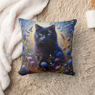 Black Cat and Purple Wildflowers Oil Painting Cushion
