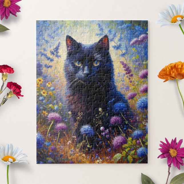Black Cat and Purple Wildflowers Oil Painting Jigsaw Puzzle (Creator Uploaded)