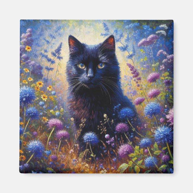 Black Cat and Purple Wildflowers Oil Painting Magnet (Front)