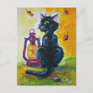 Black cat and red lantern lamp postcard