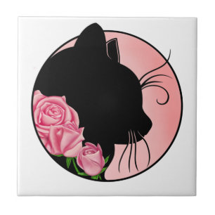 Black cat and roses ceramic tile