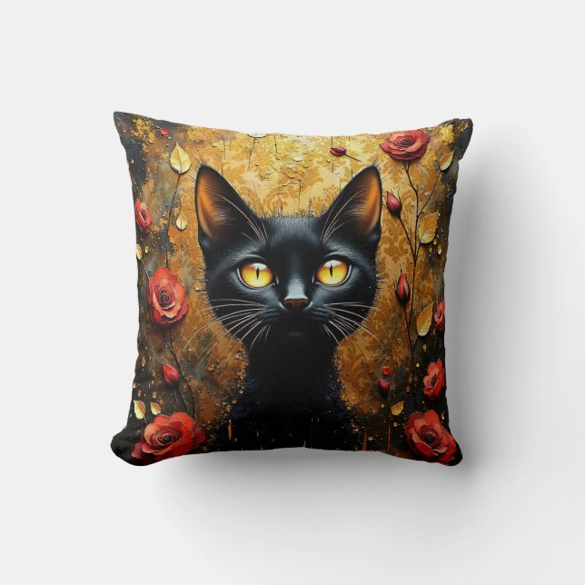 Black Cat and Roses Cushion (Front)