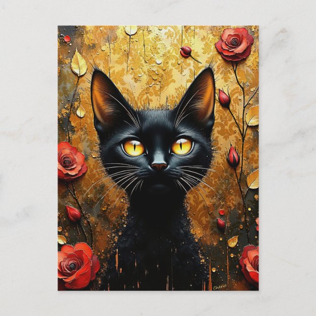 Black Cat and Roses Postcard (Front)