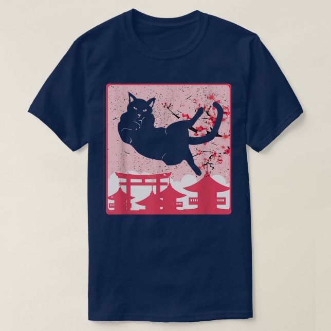 Black cat and sakura Anime  T-Shirt (Design Front)