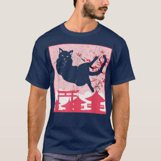 Black cat and sakura Anime  T-Shirt