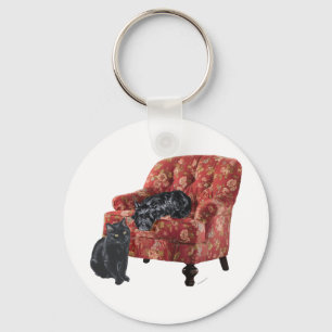 Black Cat and Scottish Terrier in a Red Chair Key Ring