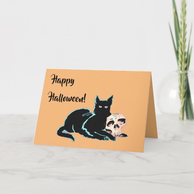 Black Cat and Skull Halloween Card (Front)