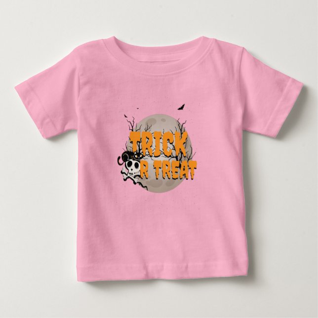 Black Cat and Skull Trick or Treat Halloween Baby T-Shirt (Front)
