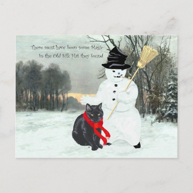 Black Cat and Snowman Postcard (Front)