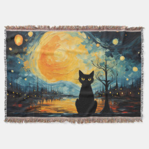 Black Cat and Starry Night Throw Blanket