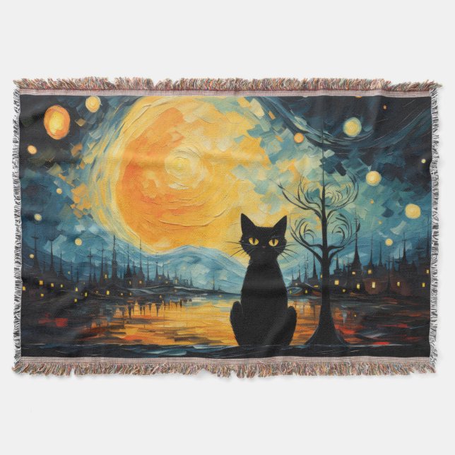 Black Cat and Starry Night Throw Blanket (Front)