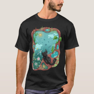 Black Cat and Surrealism Koi Pond Night Sky Water  T-Shirt