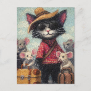 Black Cat and the Mice on Vacation Postcard