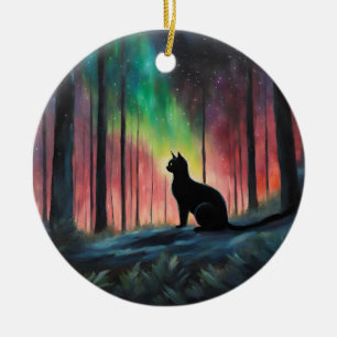 Black Cat and the Northern Lights Ceramic Ornament