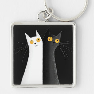 Black Cat and White Cat on Black Key Ring