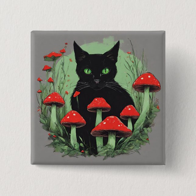 Black Cat and Wild Red Forest Mushrooms  15 Cm Square Badge (Front)