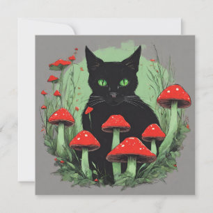 Black Cat and Wild Red Forest Mushrooms Card