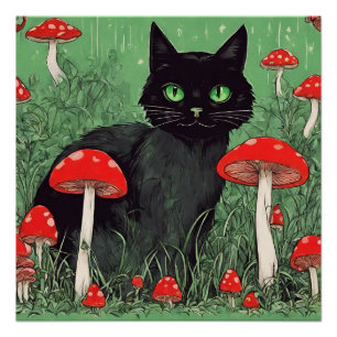 Black Cat and Wild Red Mushrooms Nature Poster