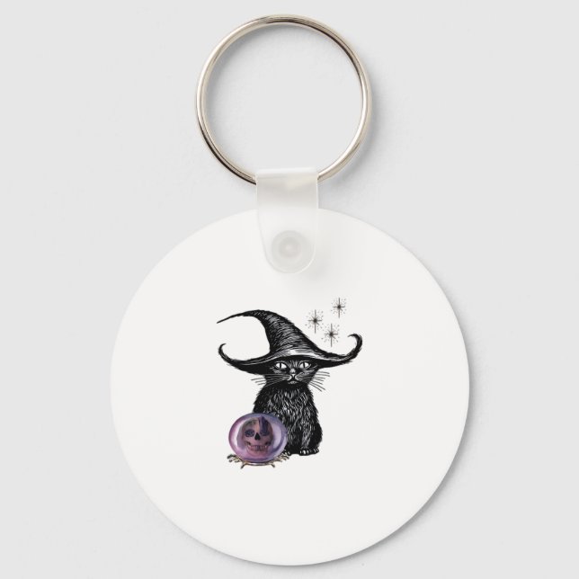 Black Cat and Witch Hat Mystical Design Oversized  Key Ring (Front)