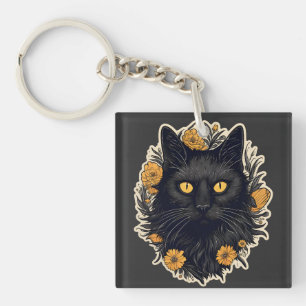 Black cat and yellow flowers key ring