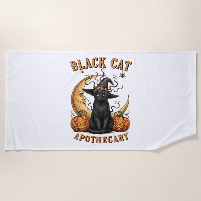 Black Cat Apothecary – Halloween Witchy Moon & Pum Beach Towel (Front)