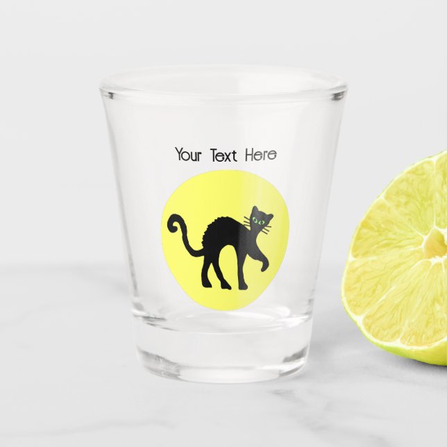 Black Cat ARched back Green eyes Yellow Moon Shot Glass (Front)