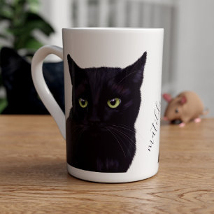 Black Cat Art Personalised Pet Name Bone China Mug