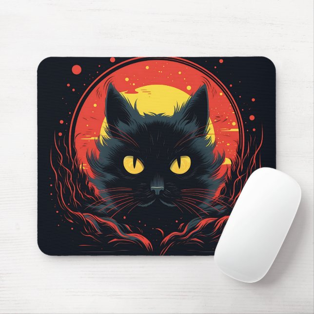 Black Cat Artful Illustration Graphic Halloween Mouse Pad (With Mouse)