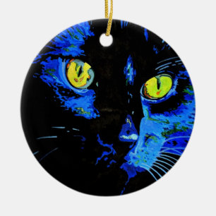 Black Cat Artistic Portrait With Striking Yellow E Ceramic Ornament