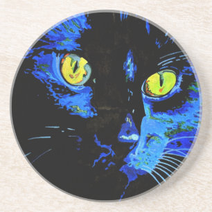 Black Cat Artistic Portrait With Striking Yellow E Coaster