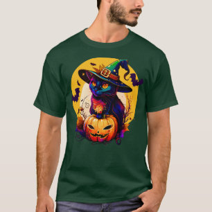Black Cat Artwork Witchy Bats Halloween T-Shirt