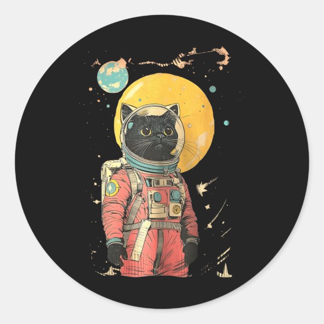 Black Cat Astronaut Colour Art Print  Classic Round Sticker (Front)