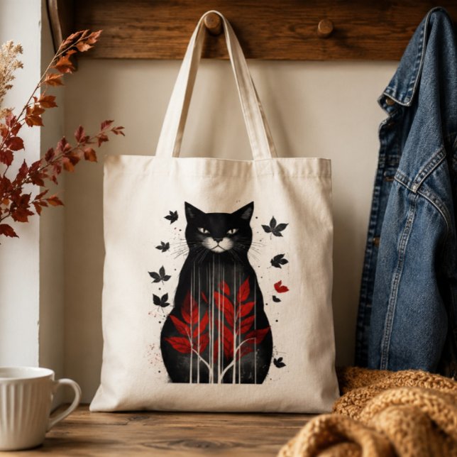 Black Cat Autumn Leaves Folk Art Botanical Tote Bag (Creator Uploaded)