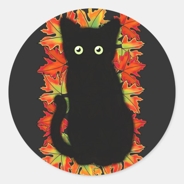 Black cat, Autumn leaves pattern, Halloween fun    Classic Round Sticker (Front)