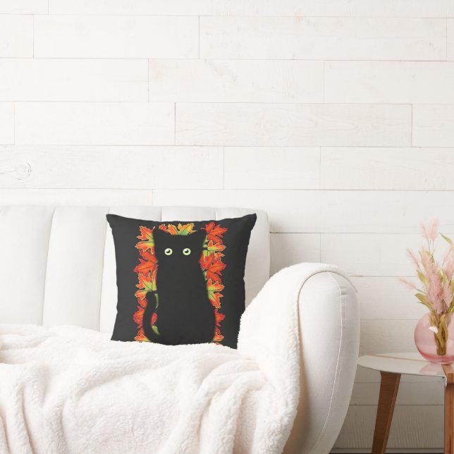 Black cat, Autumn leaves pattern, Halloween fun    Cushion (Couch)