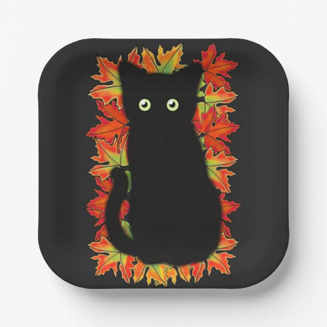 Black cat, Autumn leaves pattern, Halloween fun    Paper Plate (Front)