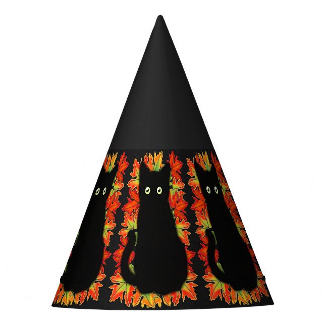 Black cat, Autumn leaves pattern, Halloween fun    Party Hat (Front)