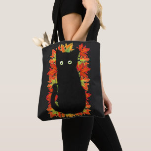 Black cat, Autumn leaves pattern, Halloween fun Tote Bag