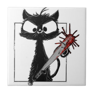 Black Cat Baseball Horror Halloween Ceramic Tile