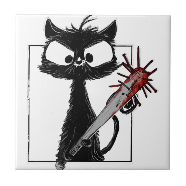 Black Cat Baseball Horror Halloween Ceramic Tile (Front)
