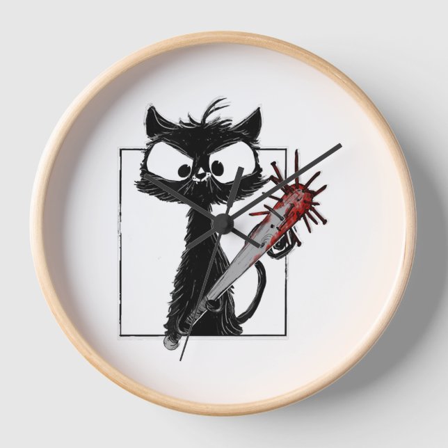 Black Cat Baseball Horror Halloween Clock (Front)