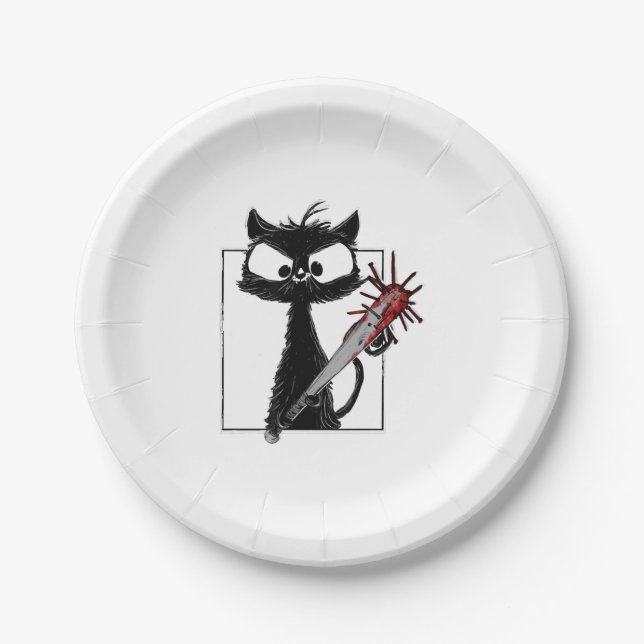 Black Cat Baseball Horror Halloween Paper Plate (Front)