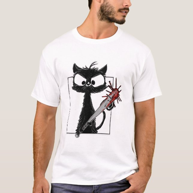 Black Cat Baseball Horror Halloween T-Shirt (Front)