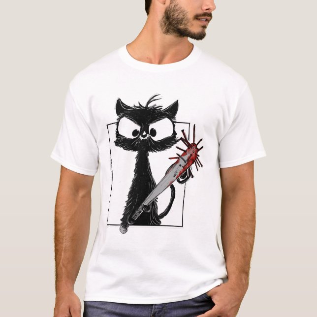 Black Cat Baseball Horror Halloween T-Shirt (Front)